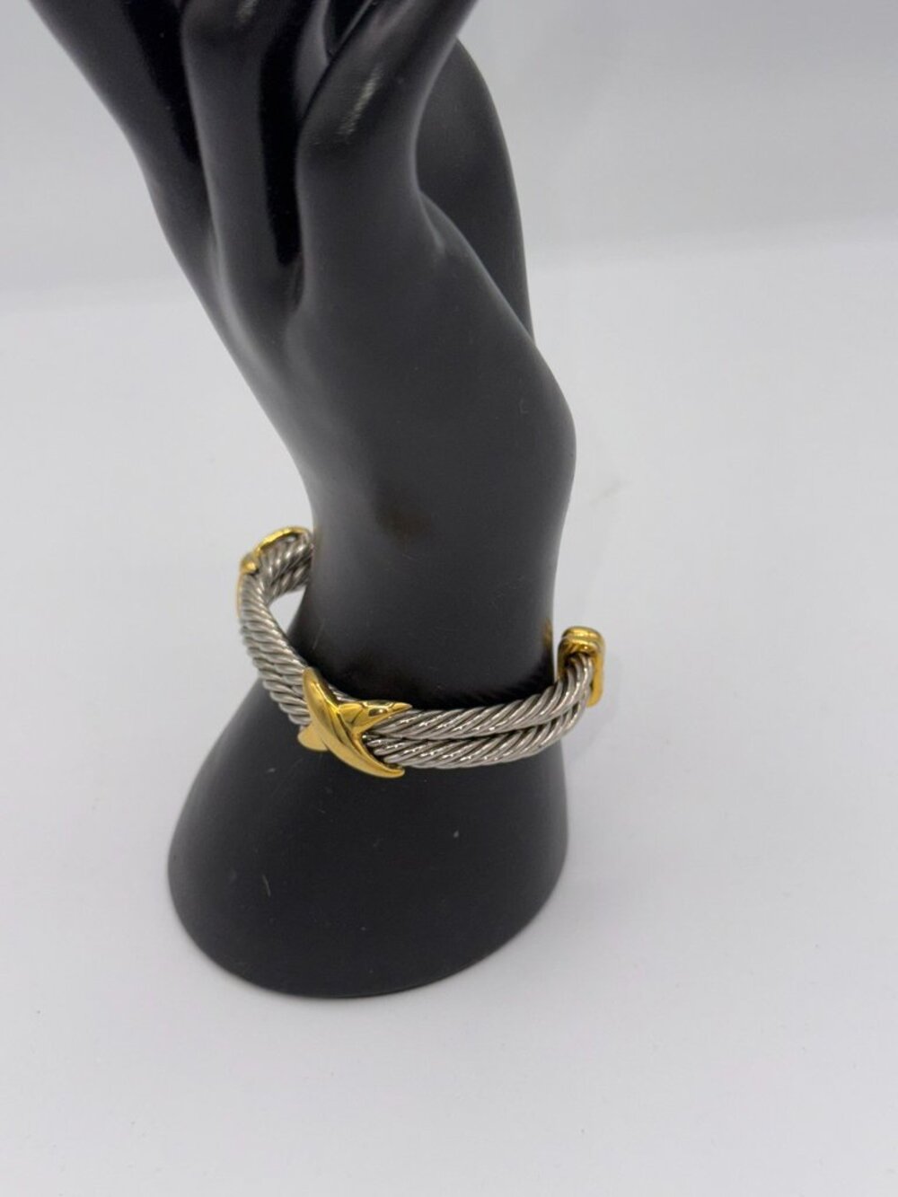Silver & Gold Tone Cable Cuff Bracelet Twisted Wire Statement Bangle - Picture 7 of 11